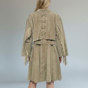 Vintage Margaret Godfrey Suede Fringe Western Lace-Up Back Boho Trench Coat